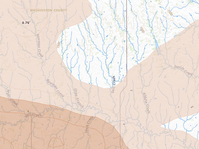Radar-estimated hail-size map of the storm over Morrowville, KS on Jul 3, 2026