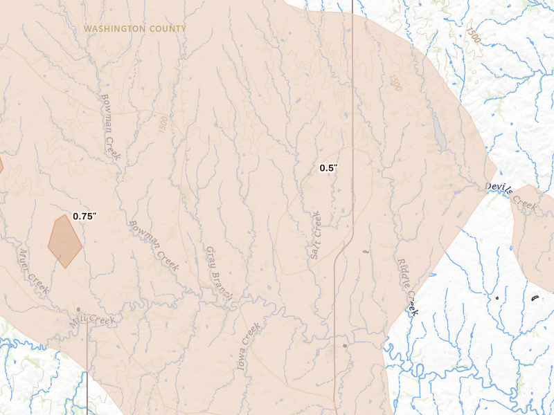 Radar-estimated hail-size map of the storm over Morrowville, KS on Jul 8, 2026