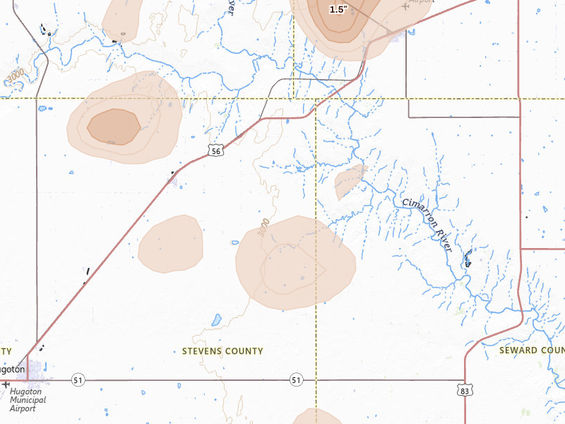 Radar-estimated hail-size map of the storm over Moscow, KS on Aug 15, 2026