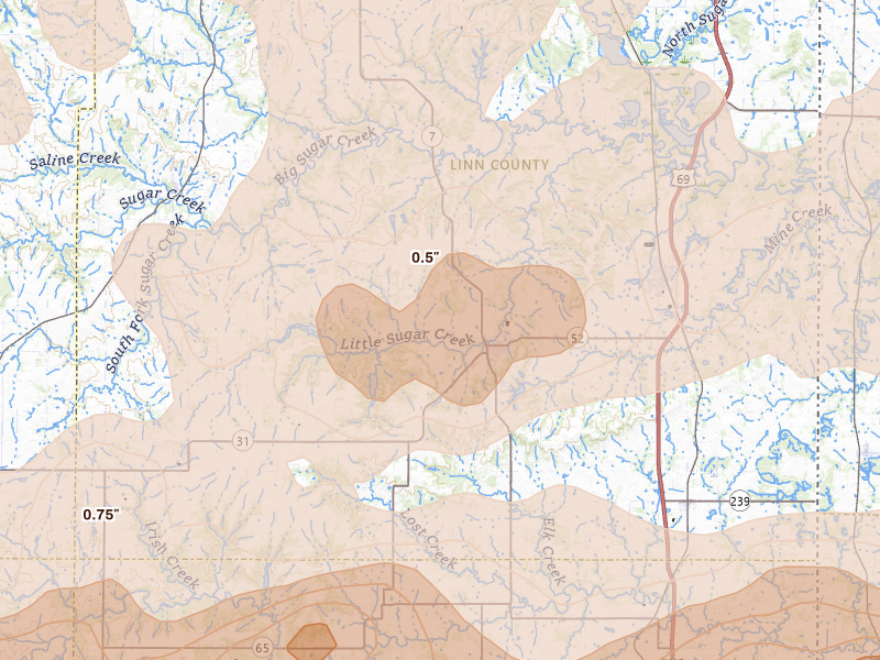 Radar-estimated hail-size map of the storm over Mound City, KS on Apr 26, 2026