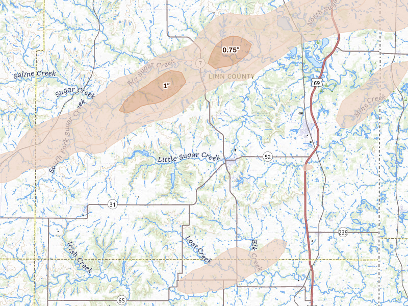 Radar-estimated hail-size map of the storm over Mound City, KS on Apr 27, 2026