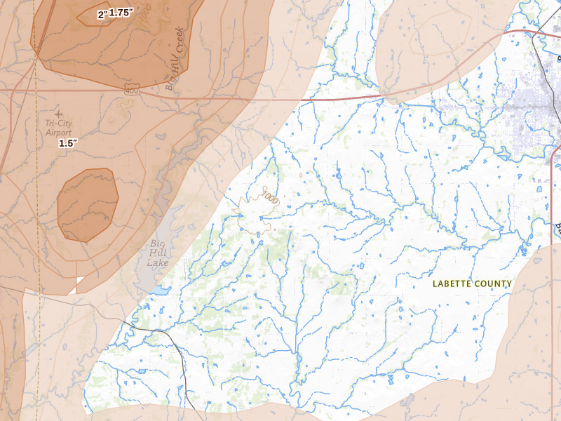 Radar-estimated hail-size map of the storm over Mound Valley, KS