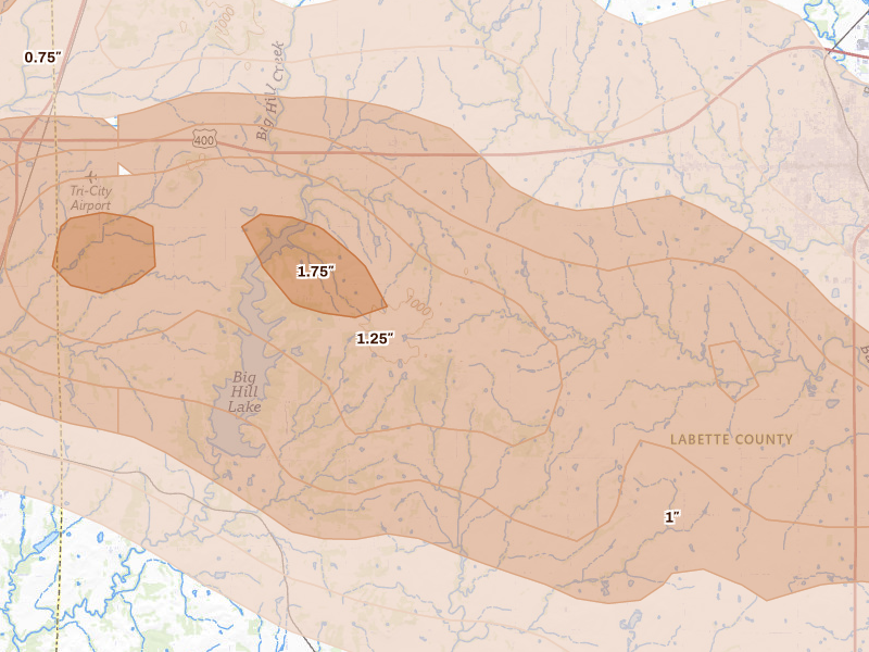 Radar-estimated hail-size map of the storm over Mound Valley, KS on Apr 26, 2026
