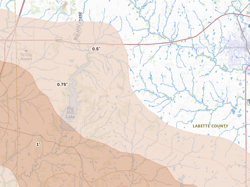 Radar-estimated hail-size map of the storm over Mound Valley, KS on Jun 11, 2026