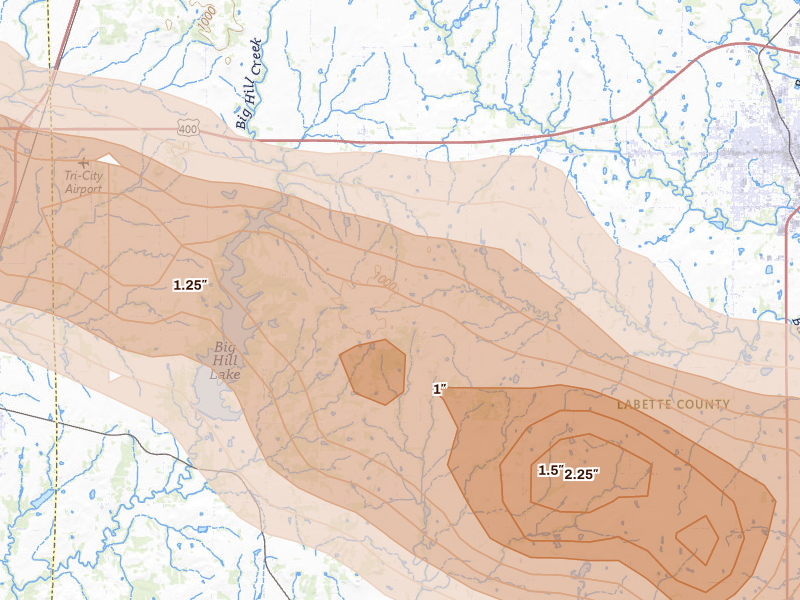 Radar-estimated hail-size map of the storm over Mound Valley, KS on Jun 25, 2026