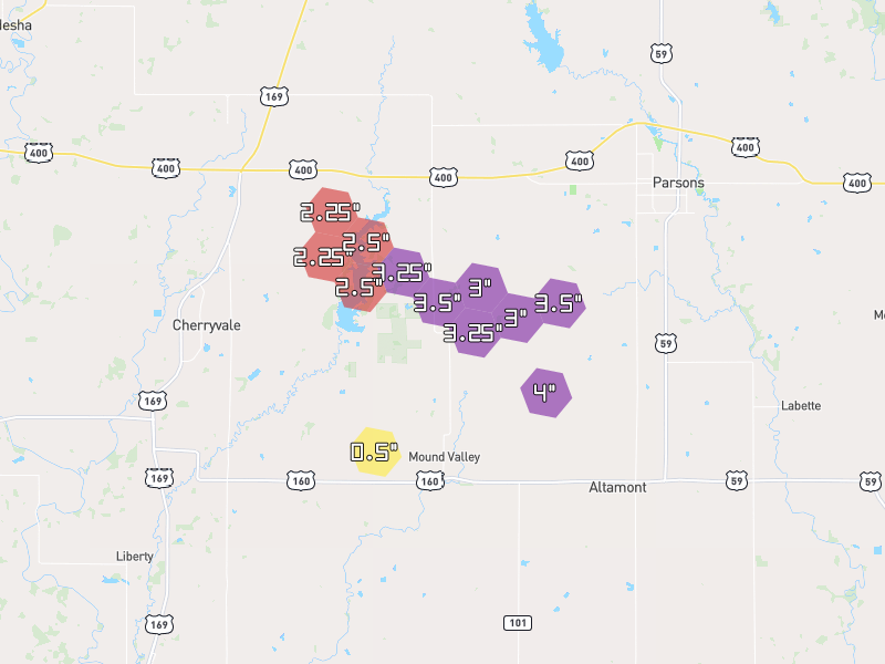 Hail map of Mound Valley, KS on Jun 26, 2026, hail up to 4"