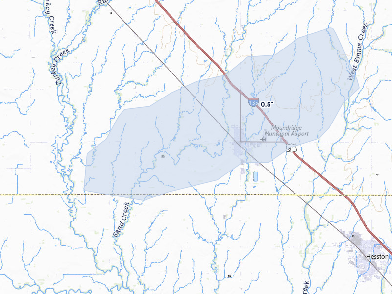 NEXRAD radar-signature map of the hail storm over Moundridge, KS on Mar 1, 2026