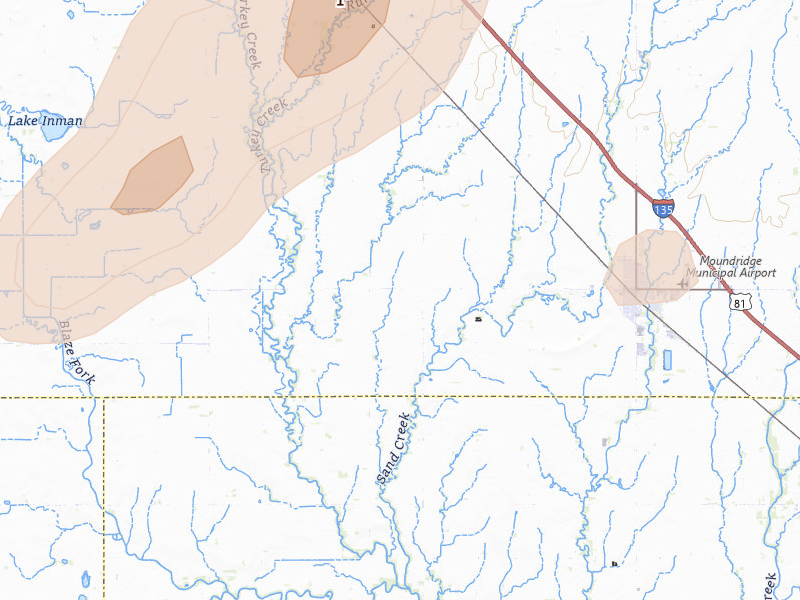 Radar-estimated hail-size map of the storm over Moundridge, KS on Apr 23, 2026