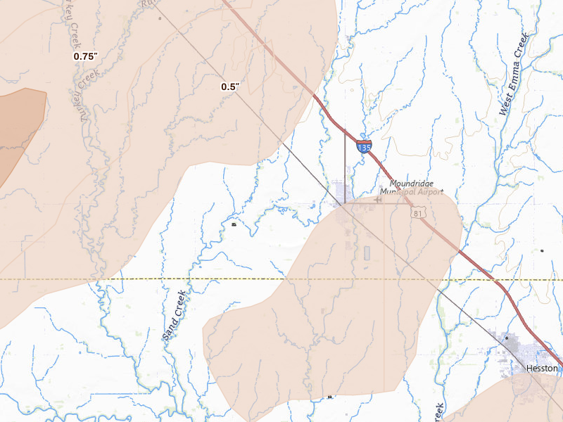 Radar-estimated hail-size map of the storm over Moundridge, KS on May 18, 2026