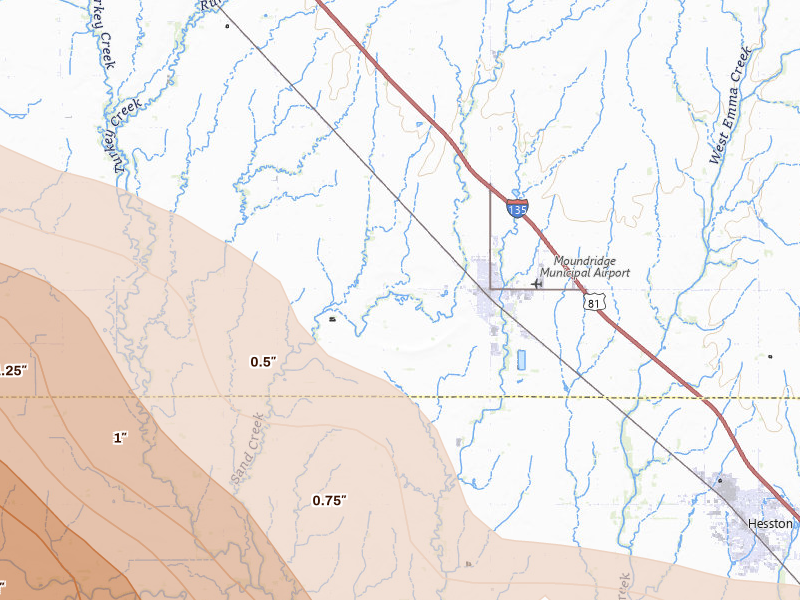 Radar-estimated hail-size map of the storm over Moundridge, KS on Jun 10, 2026