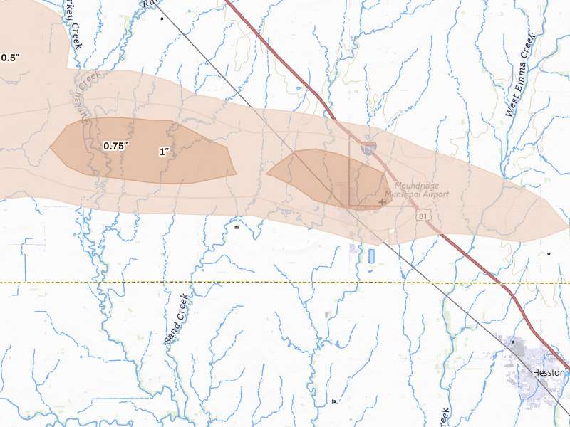 Radar-estimated hail-size map of the storm over Moundridge, KS on Jul 4, 2026