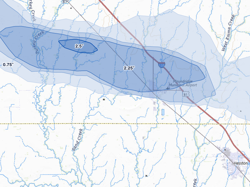NEXRAD radar-signature map of the hail over Moundridge, KS