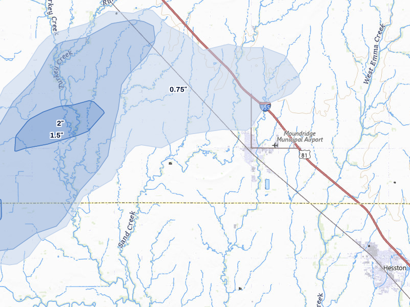 NEXRAD radar-signature map of the hail storm over Moundridge, KS on Jul 22, 2026