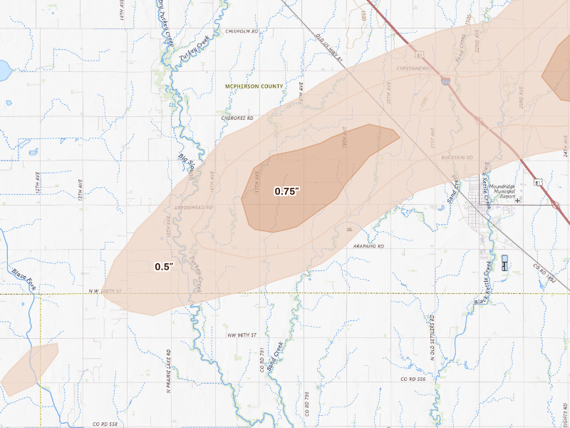 Radar-estimated hail-size map of the storm over Moundridge, KS