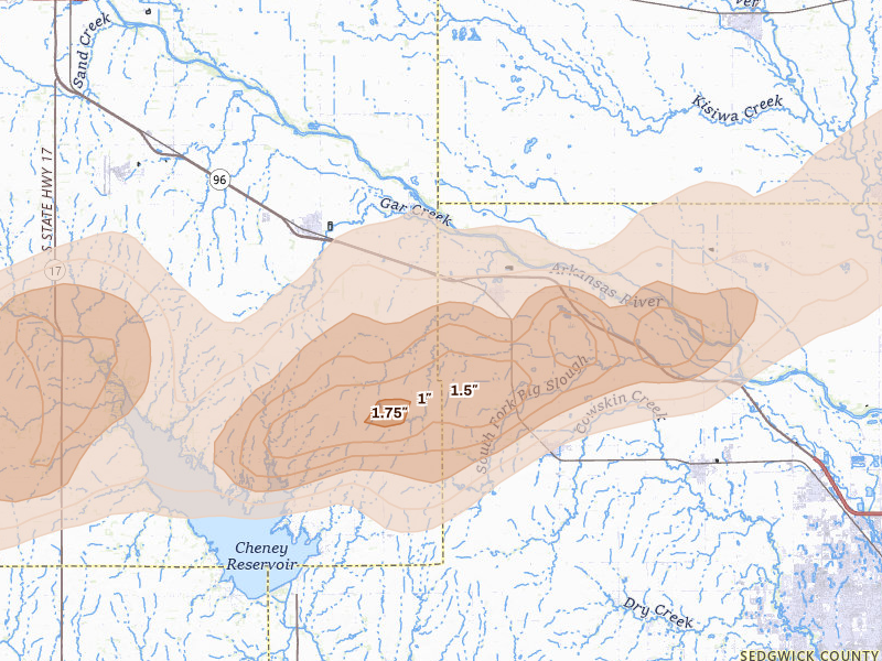 Radar-estimated hail-size map of the storm over Mount Hope, KS on Apr 11, 2026