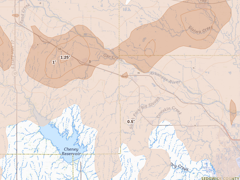 Radar-estimated hail-size map of the storm over Mount Hope, KS on May 18, 2026