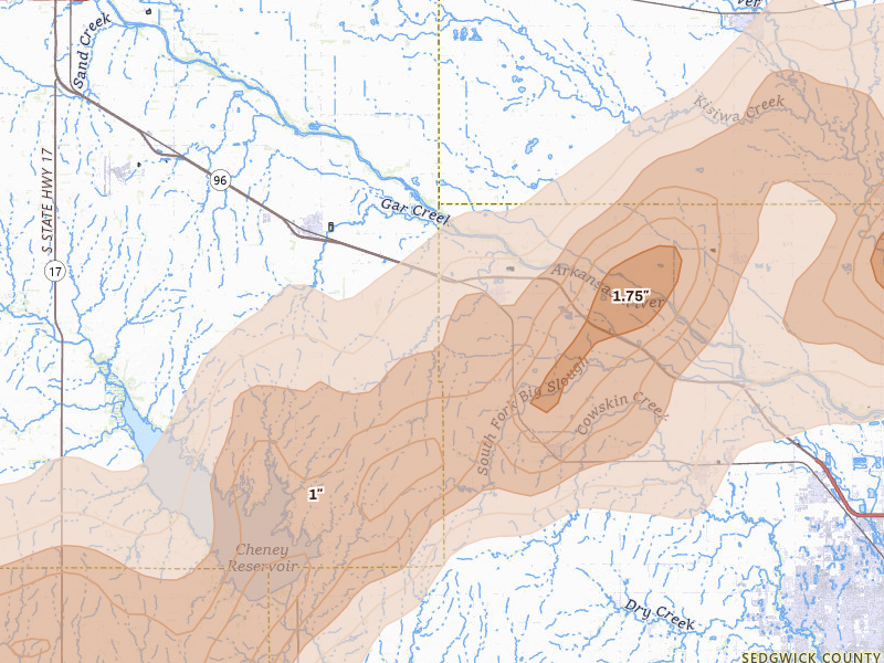 Radar-estimated hail-size map of the storm over Mount Hope, KS on May 30, 2026