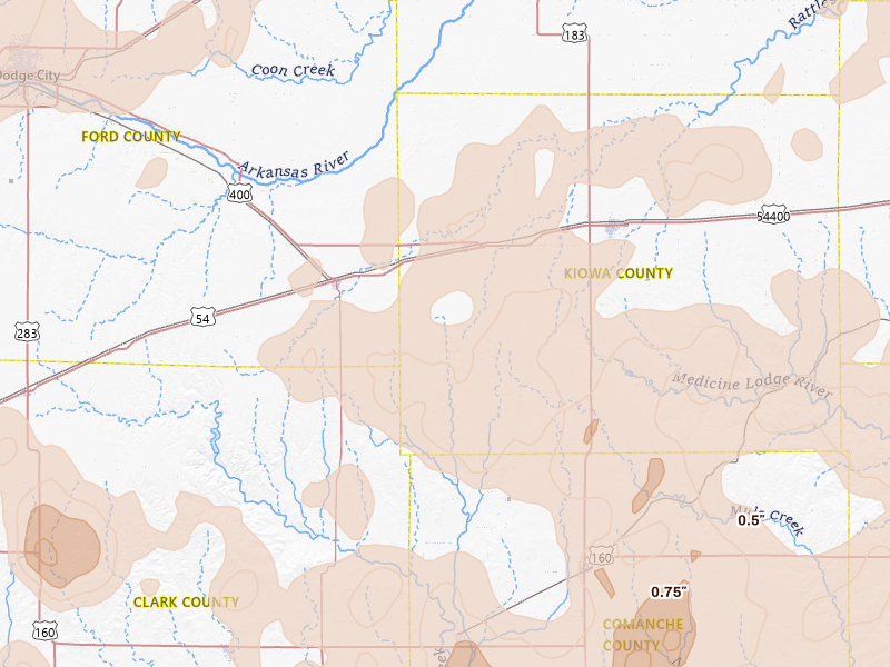 Radar-estimated hail-size map of the storm over Mullinville, KS on Jun 1, 2026