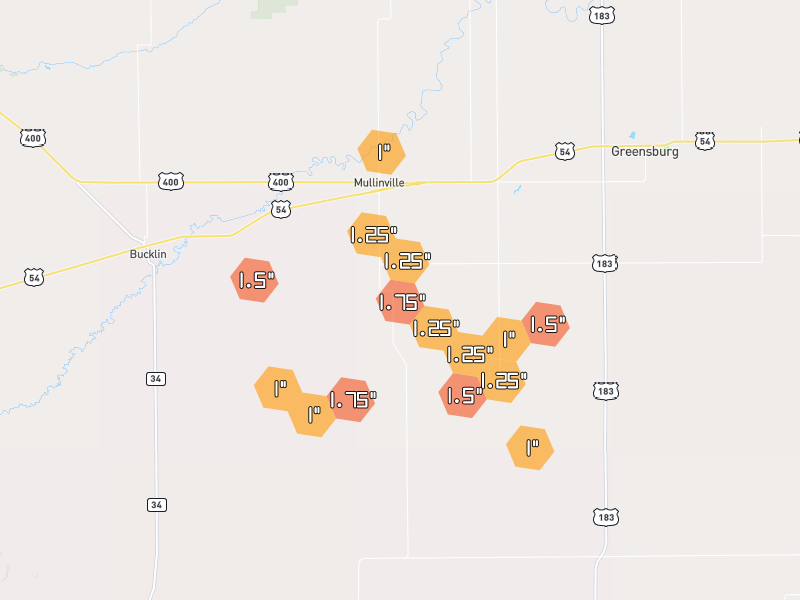 Hail map of Mullinville, KS on Jun 2, 2026, hail up to 1.75"