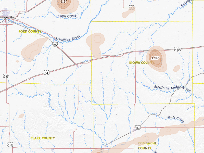 Radar-estimated hail-size map of the storm over Mullinville, KS on Jul 9, 2026
