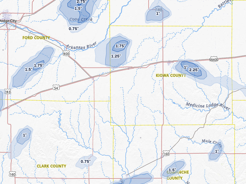 NEXRAD radar-signature map of the hail storm over Mullinville, KS on Jul 9, 2026