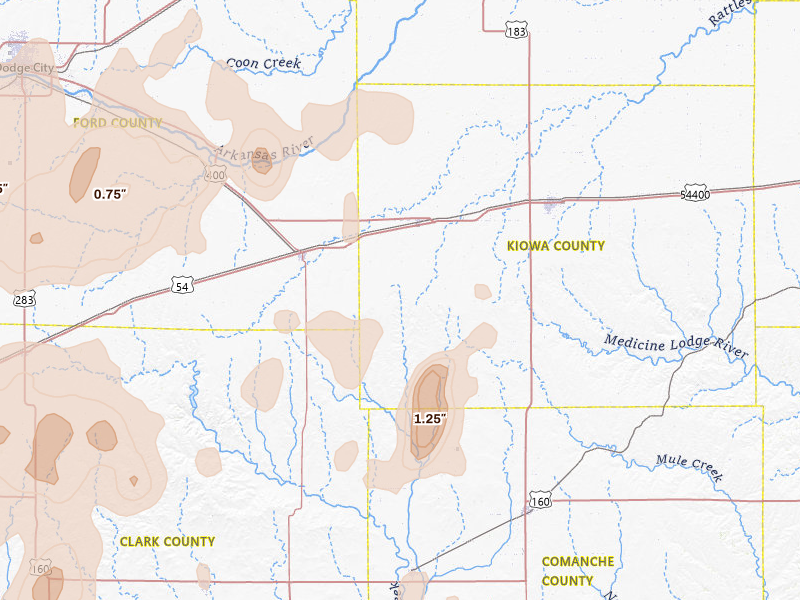 Radar-estimated hail-size map of the storm over Mullinville, KS on Jul 23, 2026