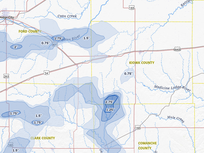 NEXRAD radar-signature map of the hail storm over Mullinville, KS on Jul 23, 2026