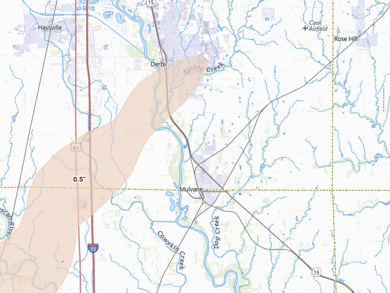 Radar-estimated hail-size map of the storm over Mulvane, KS on Mar 5, 2026