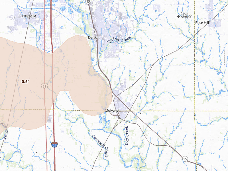 Radar-estimated hail-size map of the storm over Mulvane, KS on Mar 10, 2026