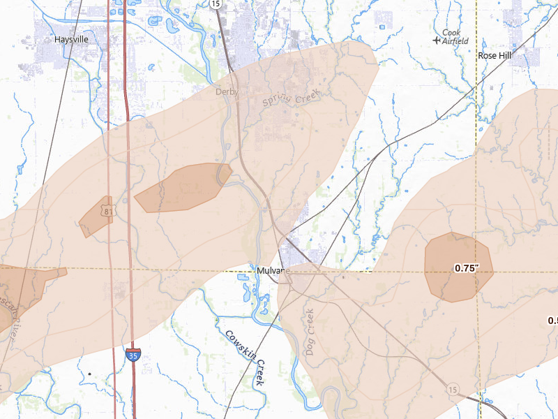 Radar-estimated hail-size map of the storm over Mulvane, KS on Apr 17, 2026
