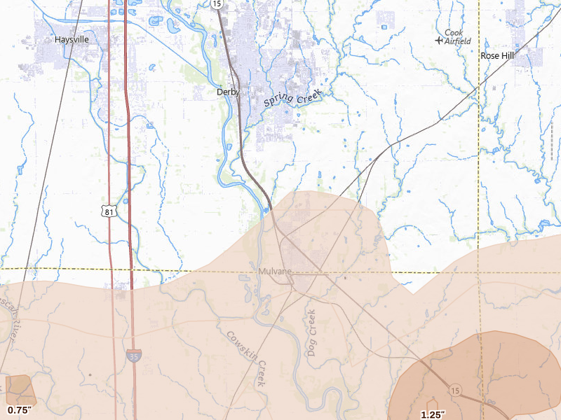 Radar-estimated hail-size map of the storm over Mulvane, KS on May 18, 2026