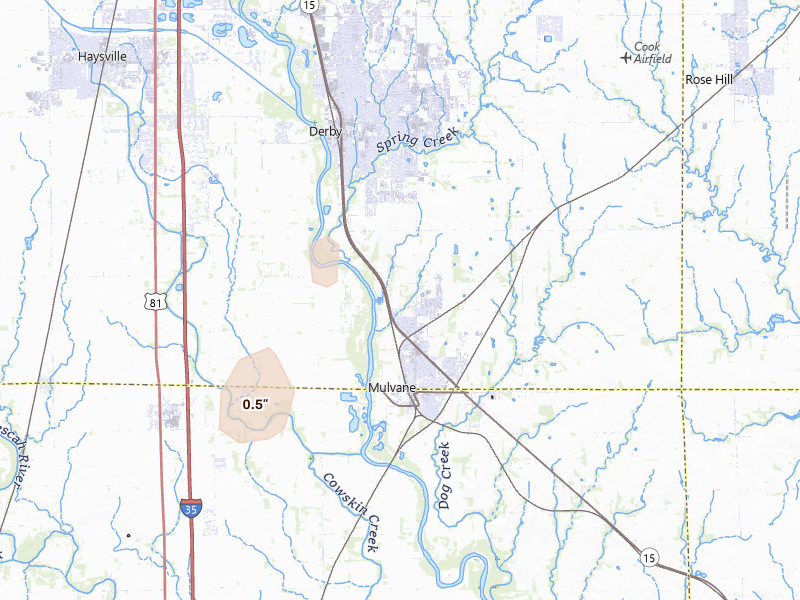 Radar-estimated hail-size map of the storm over Mulvane, KS on Jun 4, 2026