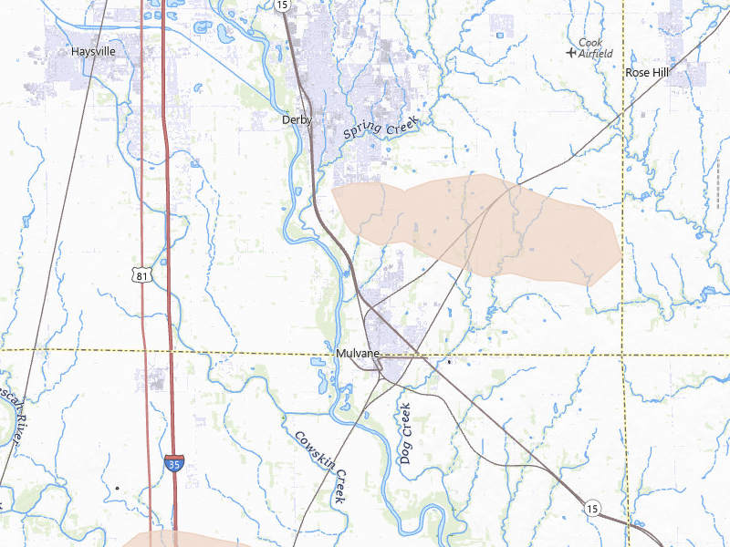 Radar-estimated hail-size map of the storm over Mulvane, KS on Jun 18, 2026