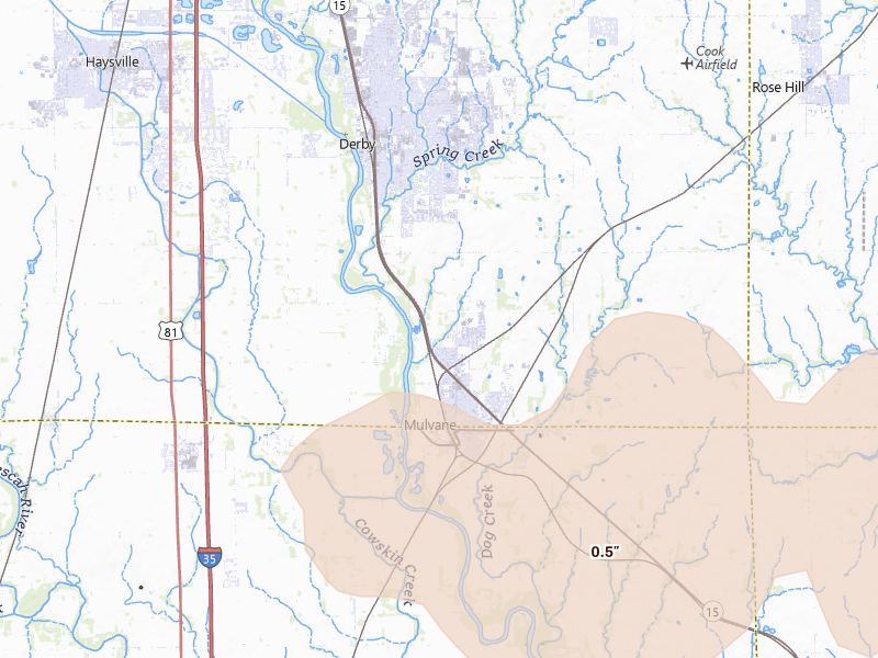 Radar-estimated hail-size map of the storm over Mulvane, KS on Jun 20, 2026