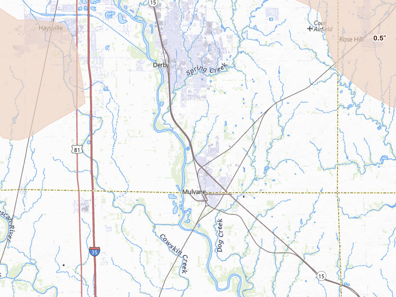 Radar-estimated hail-size map of the storm over Mulvane, KS on Jun 25, 2026