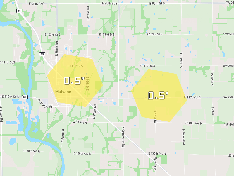 Hail map of Mulvane, KS on Jun 26, 2026, hail up to 0.5"