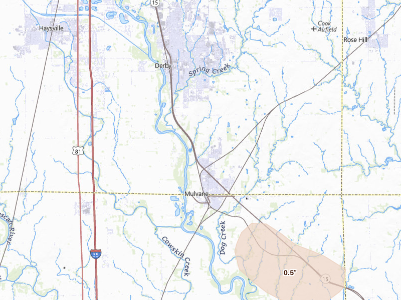 Radar-estimated hail-size map of the storm over Mulvane, KS on Jul 4, 2026