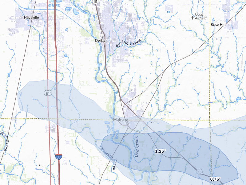 NEXRAD radar-signature map of the hail over Mulvane, KS
