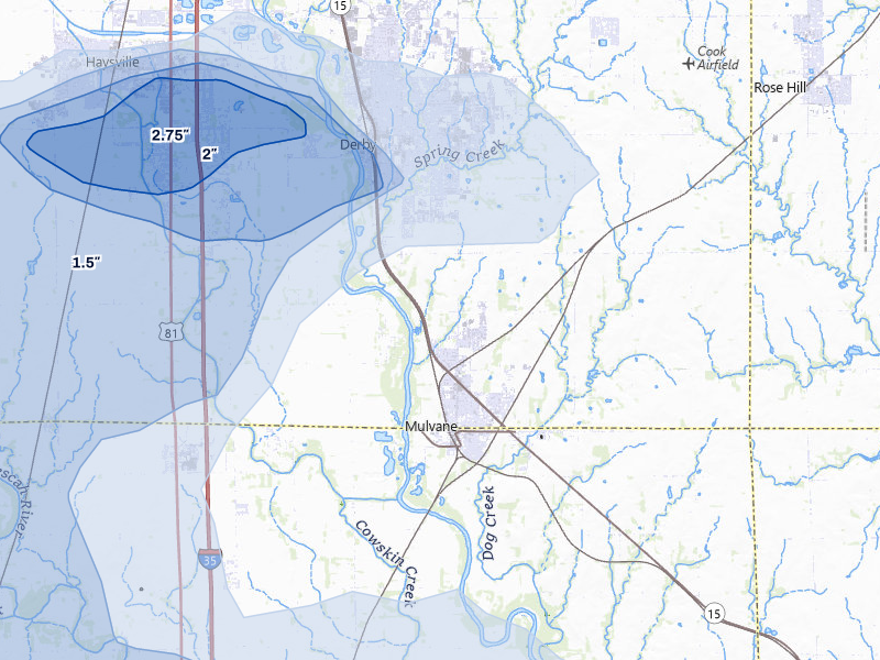 NEXRAD radar-signature map of the hail storm over Mulvane, KS on Aug 6, 2026