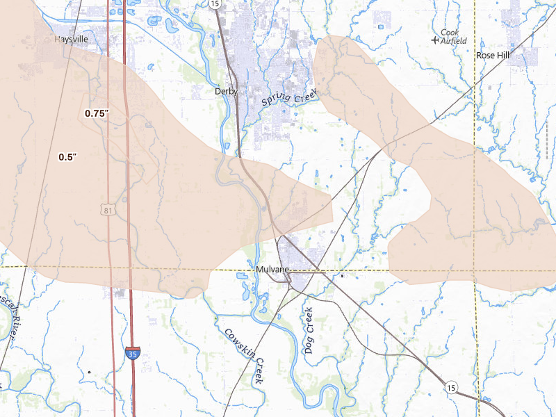 Radar-estimated hail-size map of the storm over Mulvane, KS on Aug 20, 2026