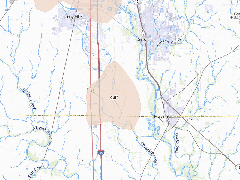 Radar-estimated hail-size map of the storm over Mulvane, KS on Aug 26, 2026