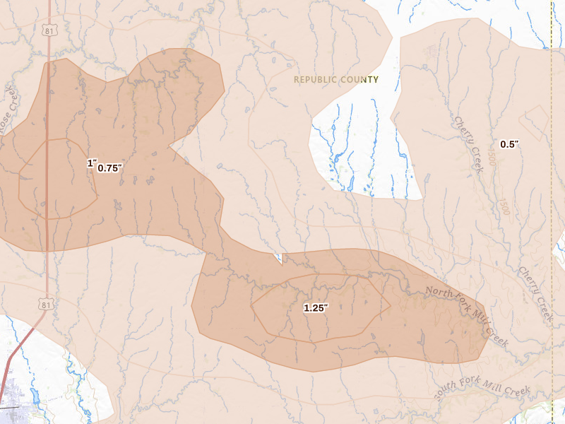 Radar-estimated hail-size map of the storm over Munden, KS on Apr 9, 2026