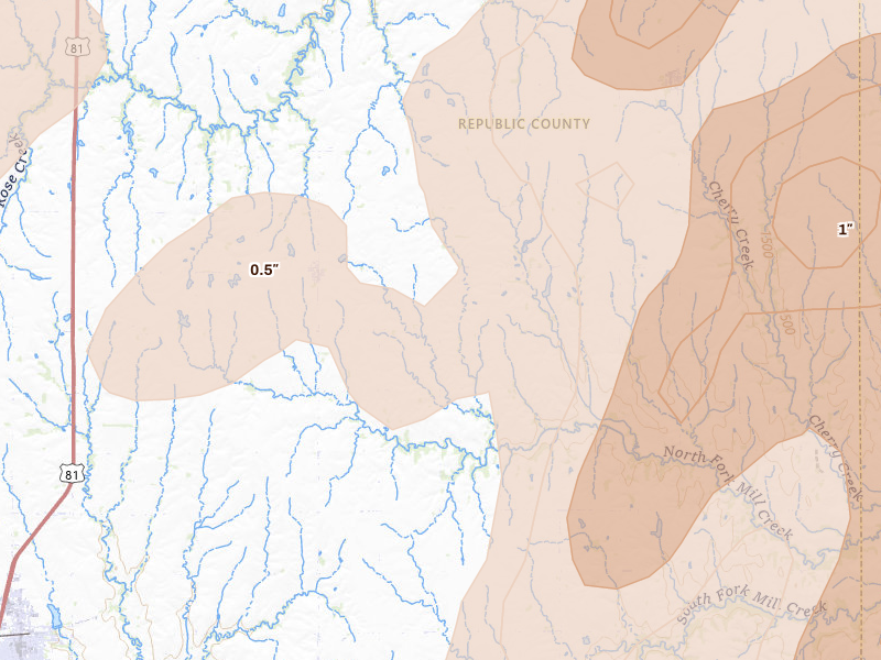 Radar-estimated hail-size map of the storm over Munden, KS on May 16, 2026