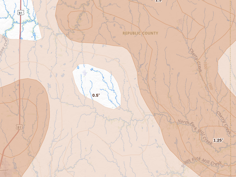 Radar-estimated hail-size map of the storm over Munden, KS on Jul 3, 2026