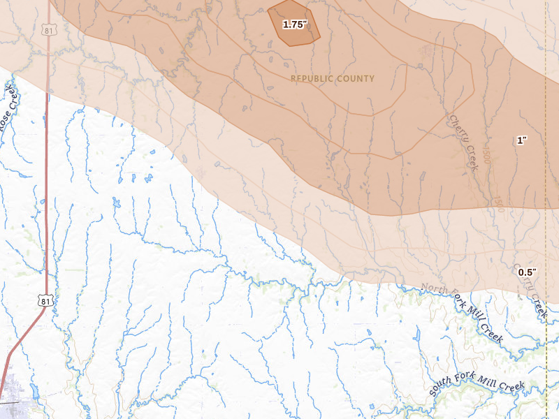 Radar-estimated hail-size map of the storm over Munden, KS on Jul 8, 2026
