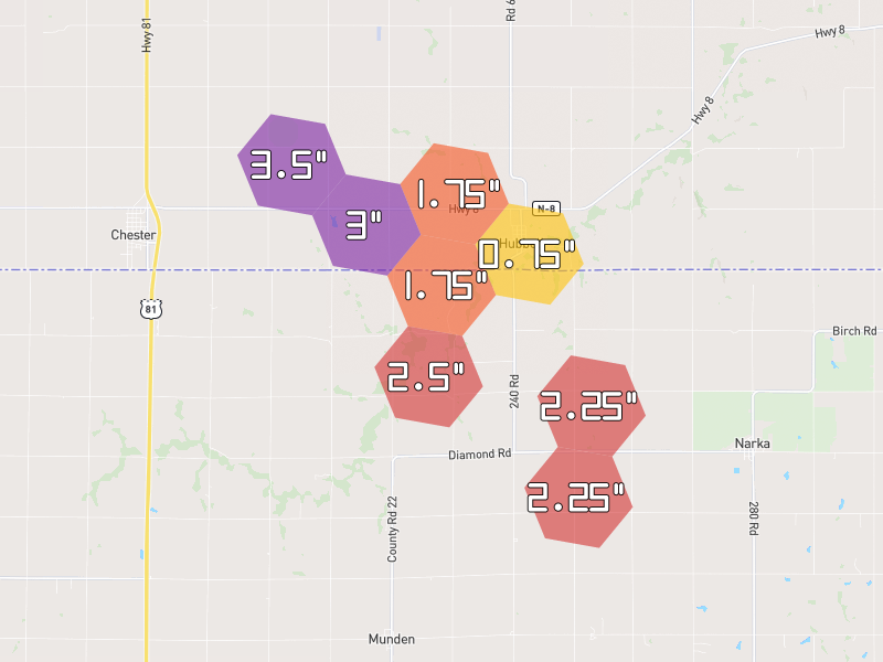 Hail map of Munden, KS on Jul 9, 2026, hail up to 3.5"