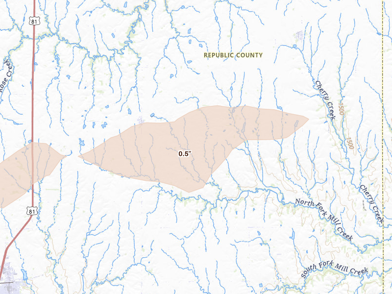 Radar-estimated hail-size map of the storm over Munden, KS on Aug 14, 2026