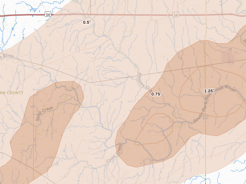 Radar-estimated hail-size map of the storm over Murdock, KS on Mar 10, 2026