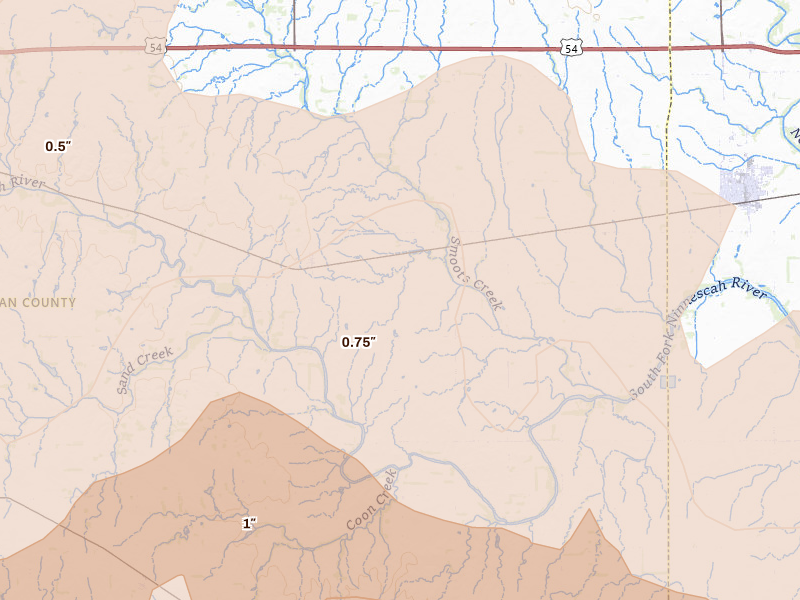 Radar-estimated hail-size map of the storm over Murdock, KS on May 18, 2026