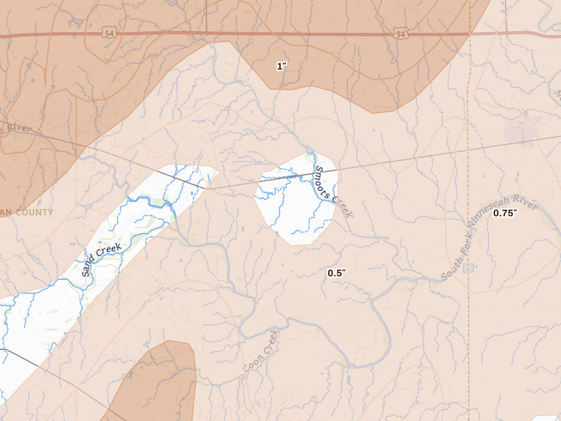 Radar-estimated hail-size map of the storm over Murdock, KS on May 30, 2026